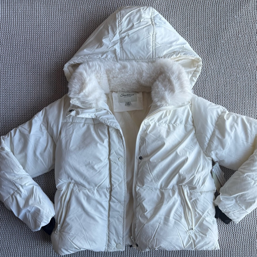 Snobbish Girls Puffer Jacket White Faux Fur Hooded Size L Winter NWT